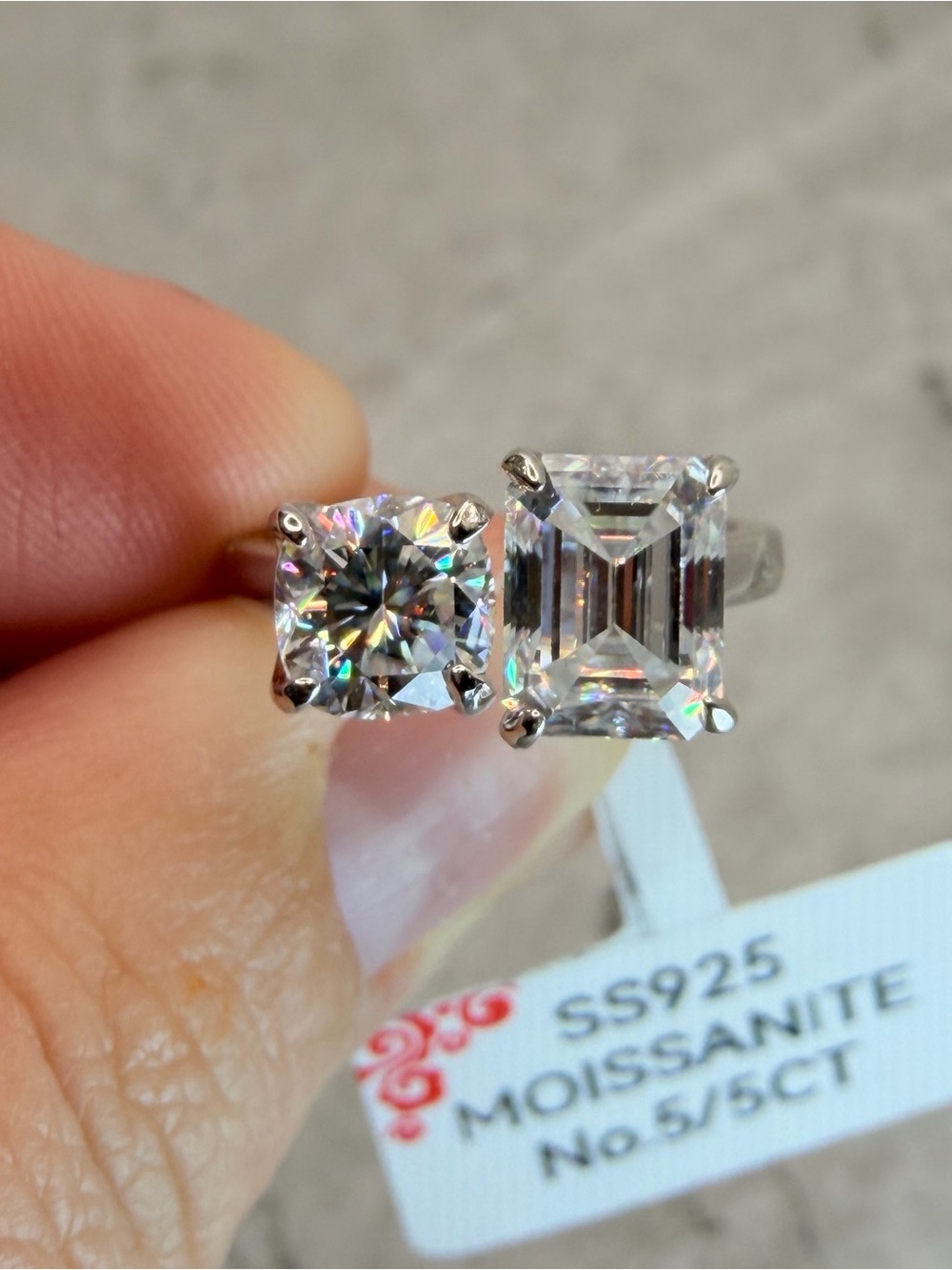 5CT Moissanite Ring • Emerald & Round Cut Duo • Sterling Silver • Size 5 - Picture 15 of 16